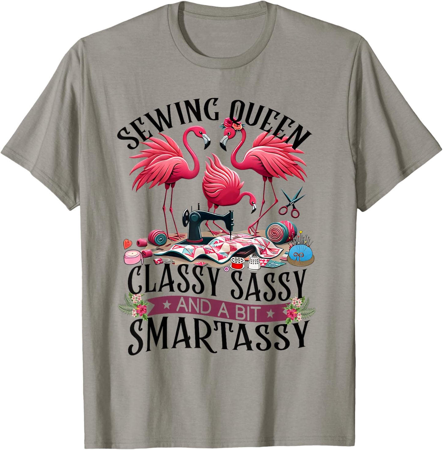 Funny Sewing Queen Cute Flamingo Flowery Sewing Machine Sew T-Shirt - T-Shirt | Sand