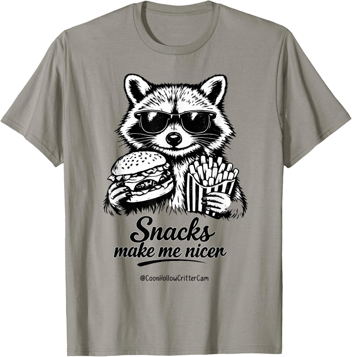 Funny Raccoon, Snacks Make Me Nicer, Feral T-Shirt - T-Shirt | Sand