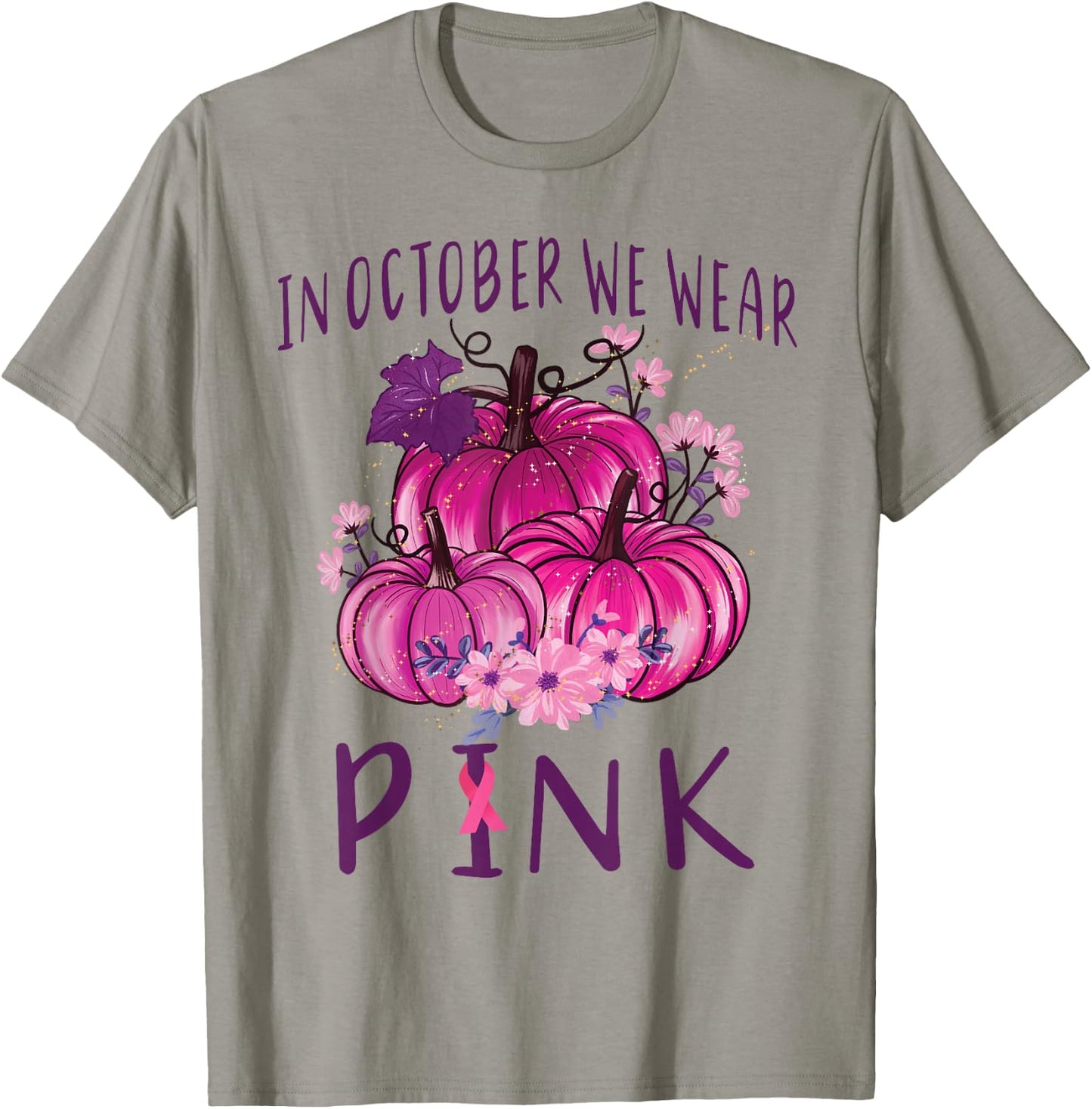 In October We Wear Pink Pumpkins Halloween Breast Cancer T-Shirt - T-Shirt | Sand