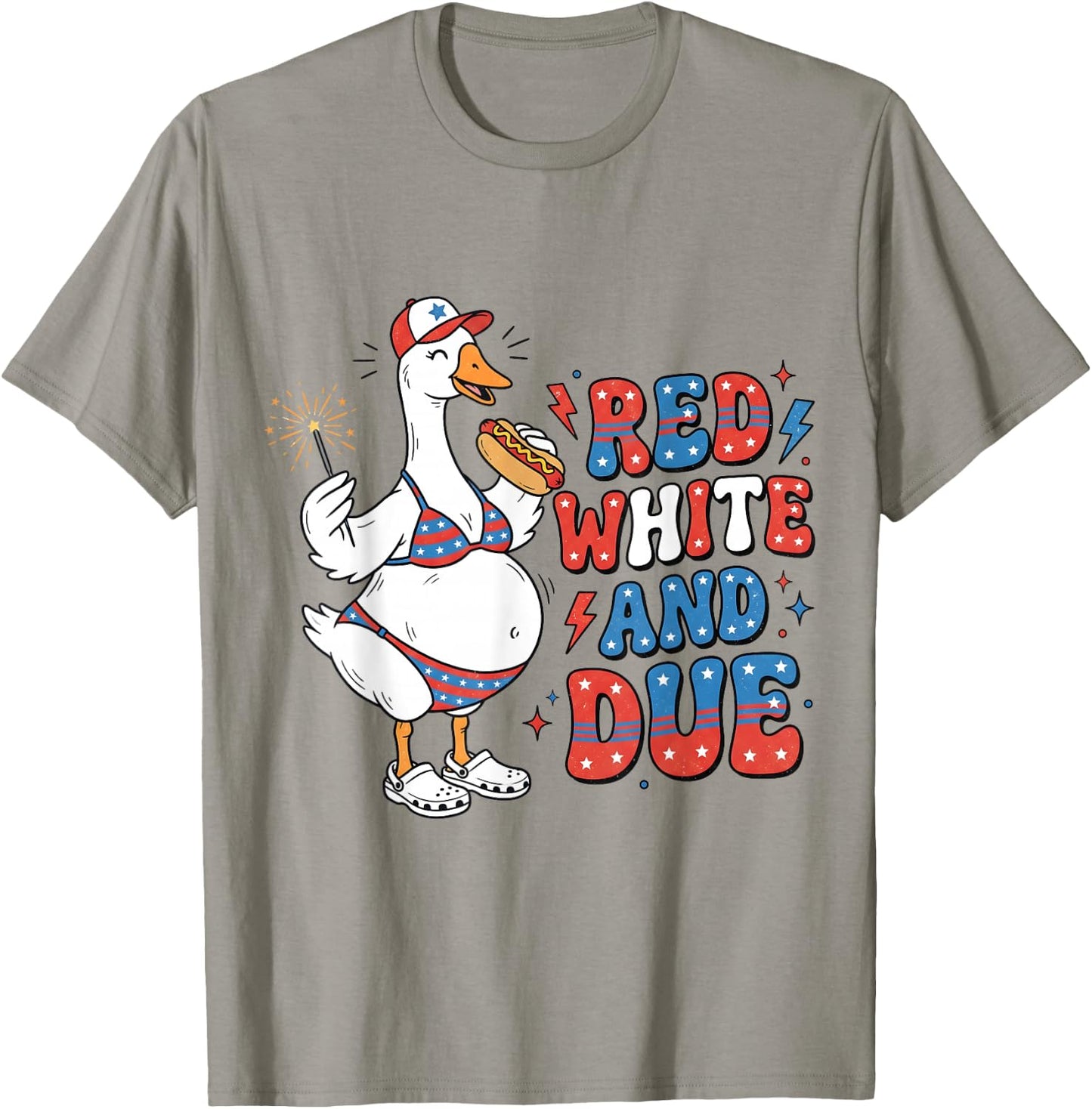 Red White and Due Funny Pregnant Goose 4th of July Pregnancy T-Shirt - T-Shirt | Sand