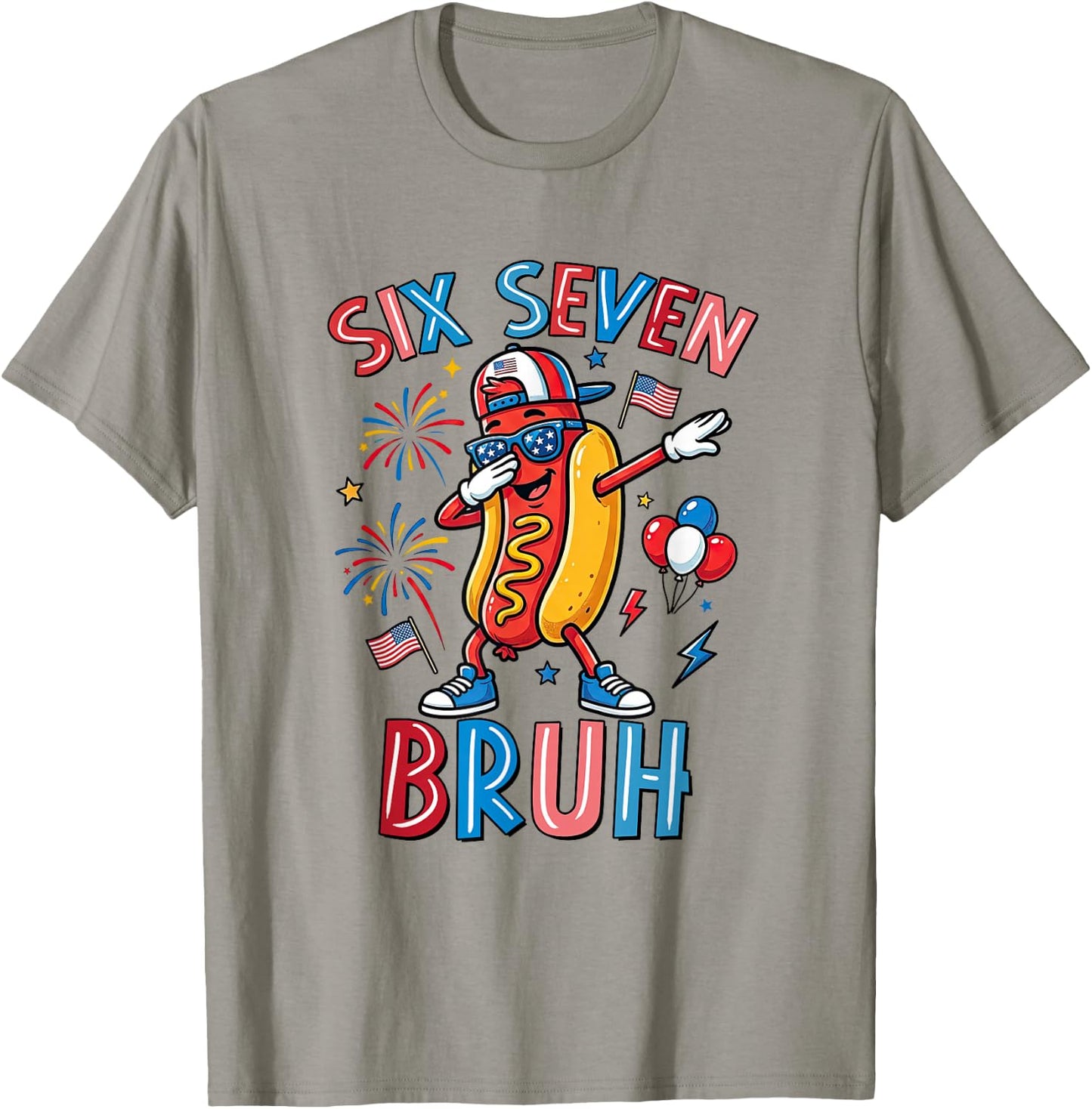 Six Seven Bruh 67 Meme 4th of July Hotdog Dabbing Boys Kids T-Shirt - T-Shirt | Sand