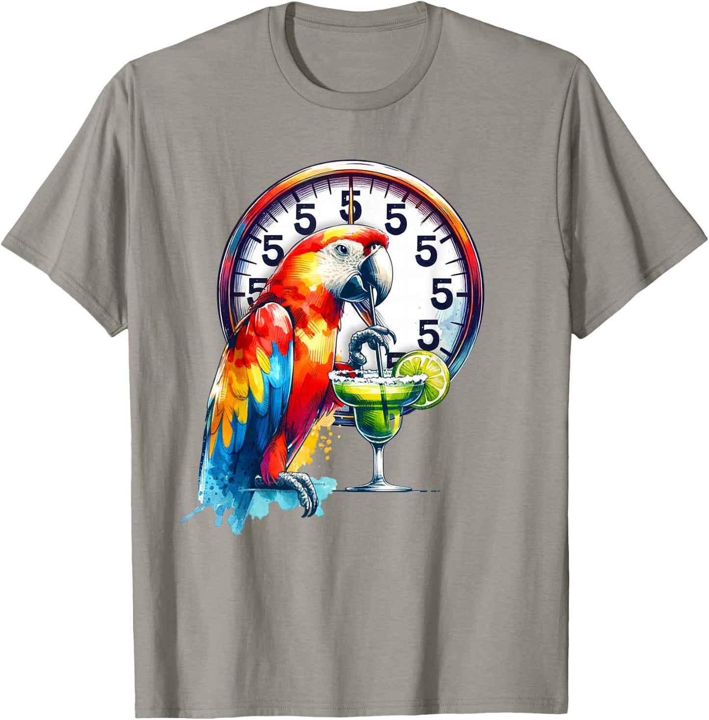 Always 5 O'clock Colorful Parrot Drinking Margarita T-Shirt - T-Shirt | Sand