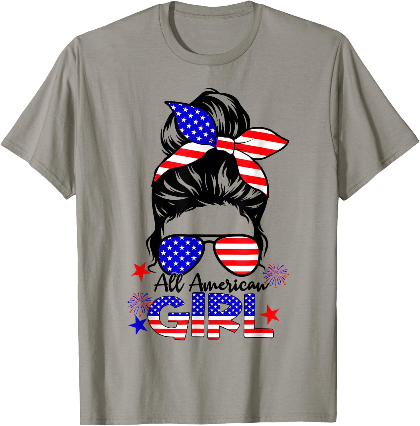 4th of July All American Girls Messy Bun T-Shirt - T-Shirt | Sand