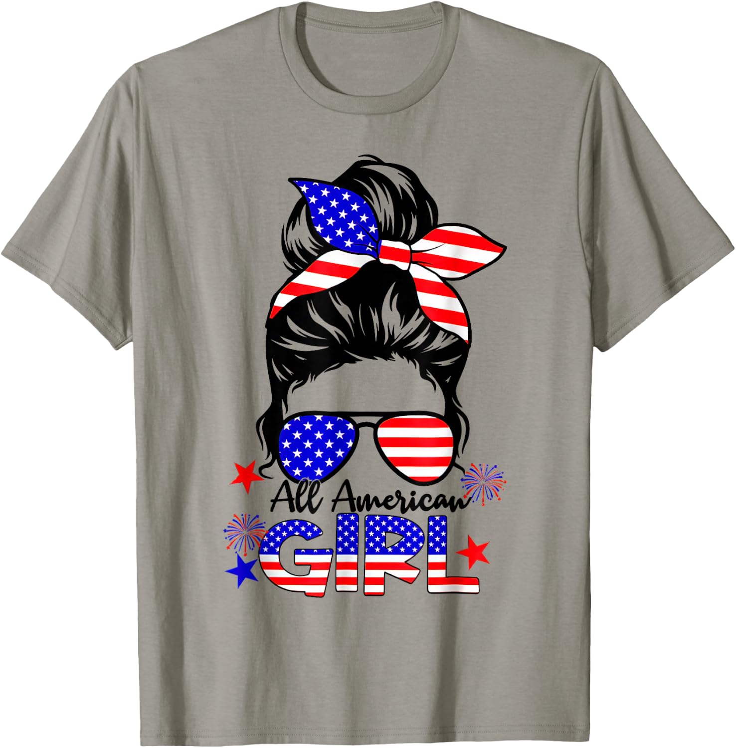 4th of July All American Girls Messy Bun T-Shirt - T-Shirt | Sand