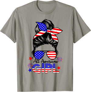 4th of July All American Girls Messy Bun T-Shirt - T-Shirt | Sand