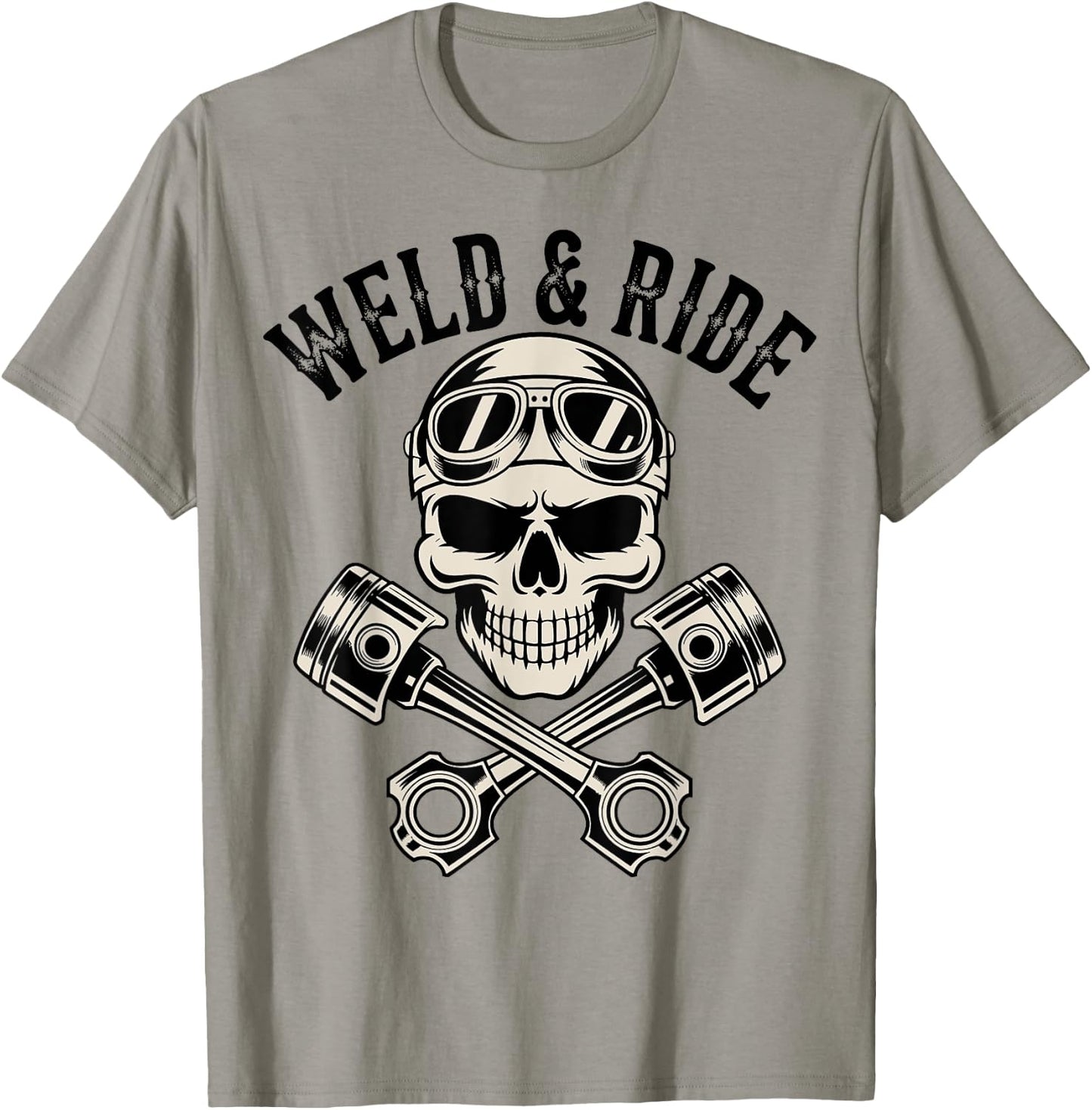 Skull with Goggles and Crossed Pistons Biker Artwork T-Shirt - T-Shirt | Sand