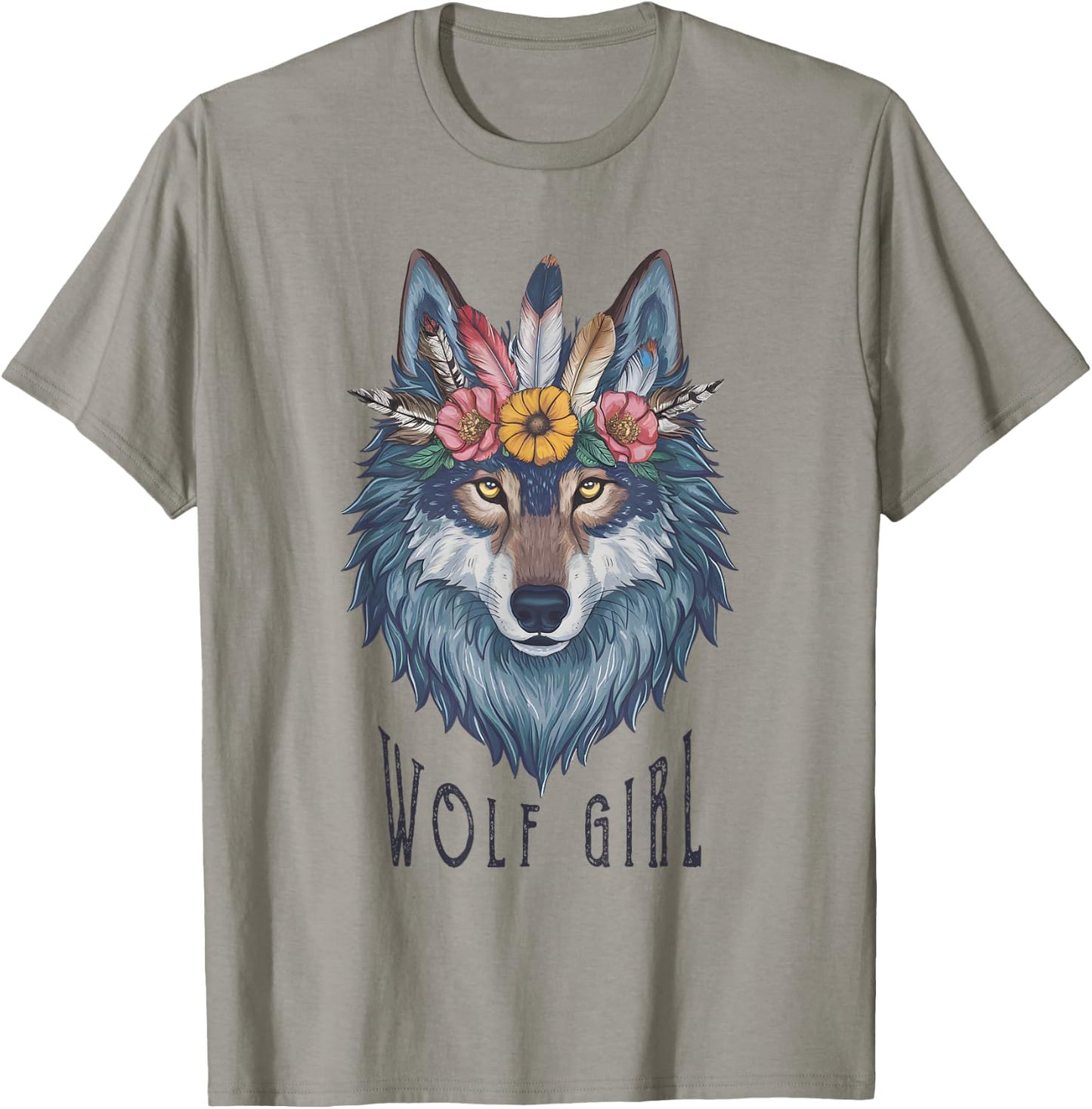 Wolf Girl Loves Wolves Kids Vintage Feathers Wolf Floral , white, S T-Shirt - T-Shirt | Sand