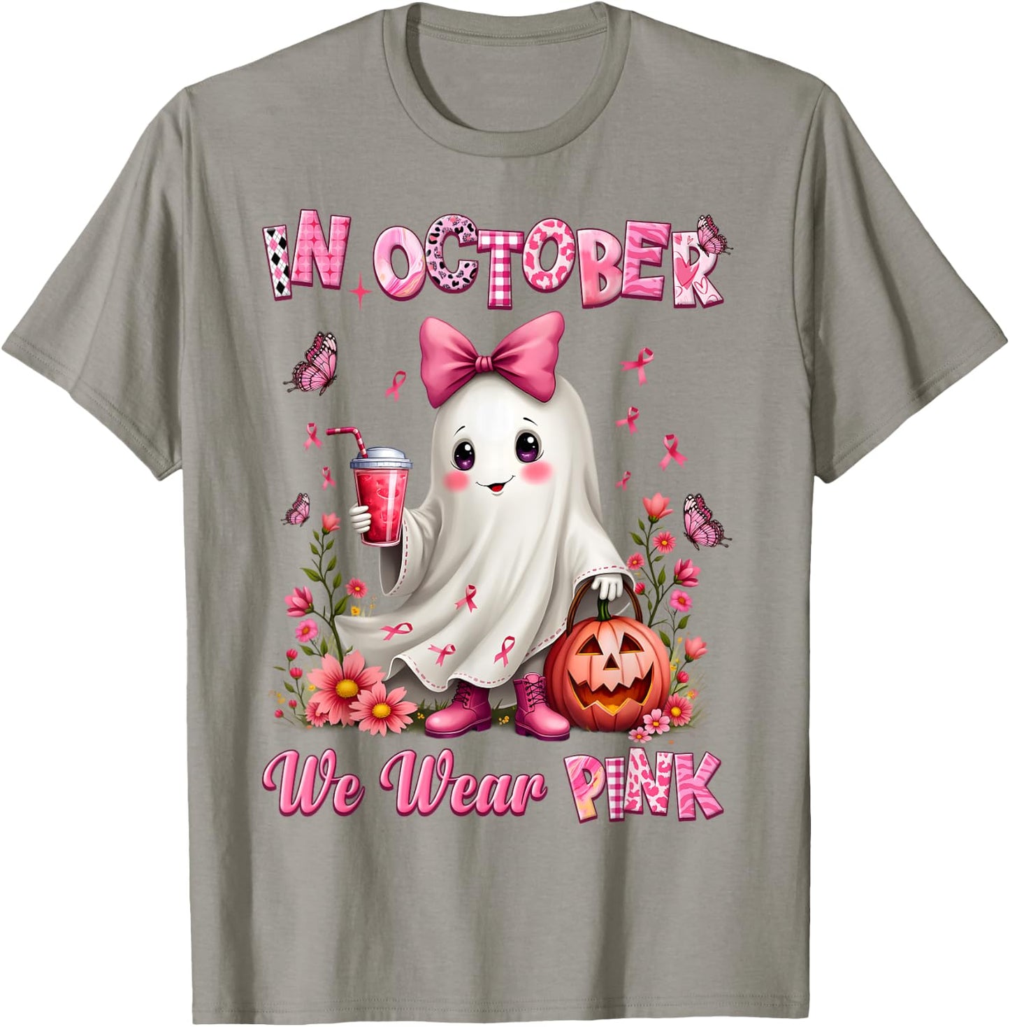 In October We Wear Pink Ghost Breast Cancer Awareness T-Shirt - T-Shirt | Sand