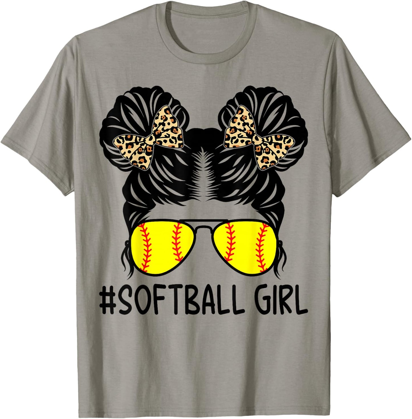 Softball Girl Leopard Messy Bun Softball Girls T-Shirt - T-Shirt | Sand