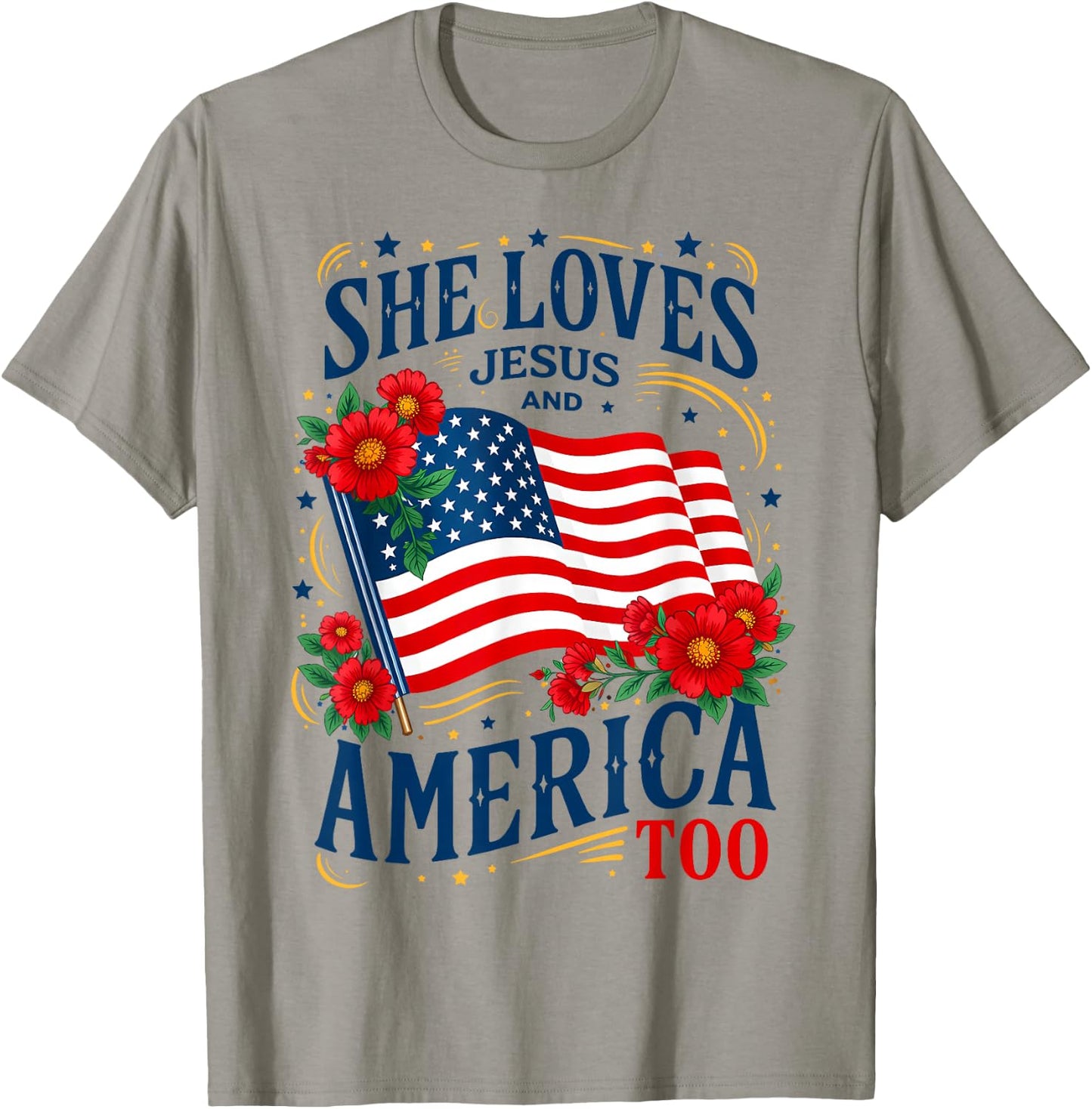 Retro US Flag She Loves Jesus and America Too Floral Women T-Shirt - T-Shirt | Sand