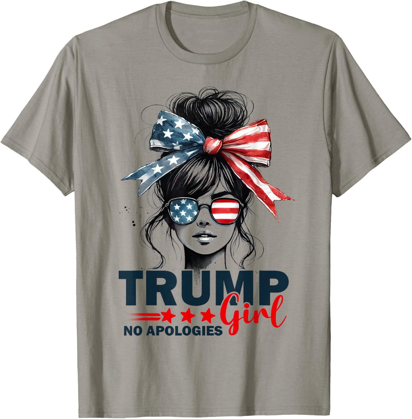 Trump Girl No Apologies Messy Bun Sunglasses Trump 2024 USA T-Shirt - T-Shirt | Sand