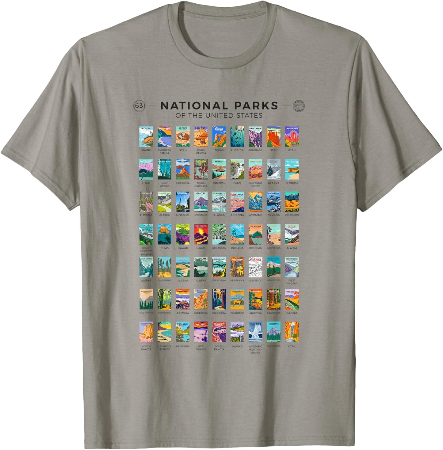 All 63 National Parks Of The United States Vintage Art List T-Shirt - T-Shirt | Sand