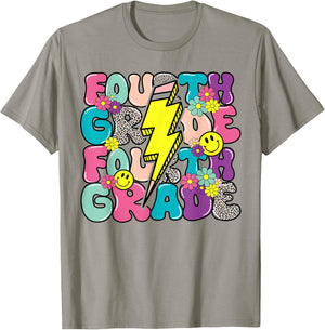4th Grade Lightning Bolt Pencil Retro Teacher Boys Girls T-Shirt - T-Shirt | Sand