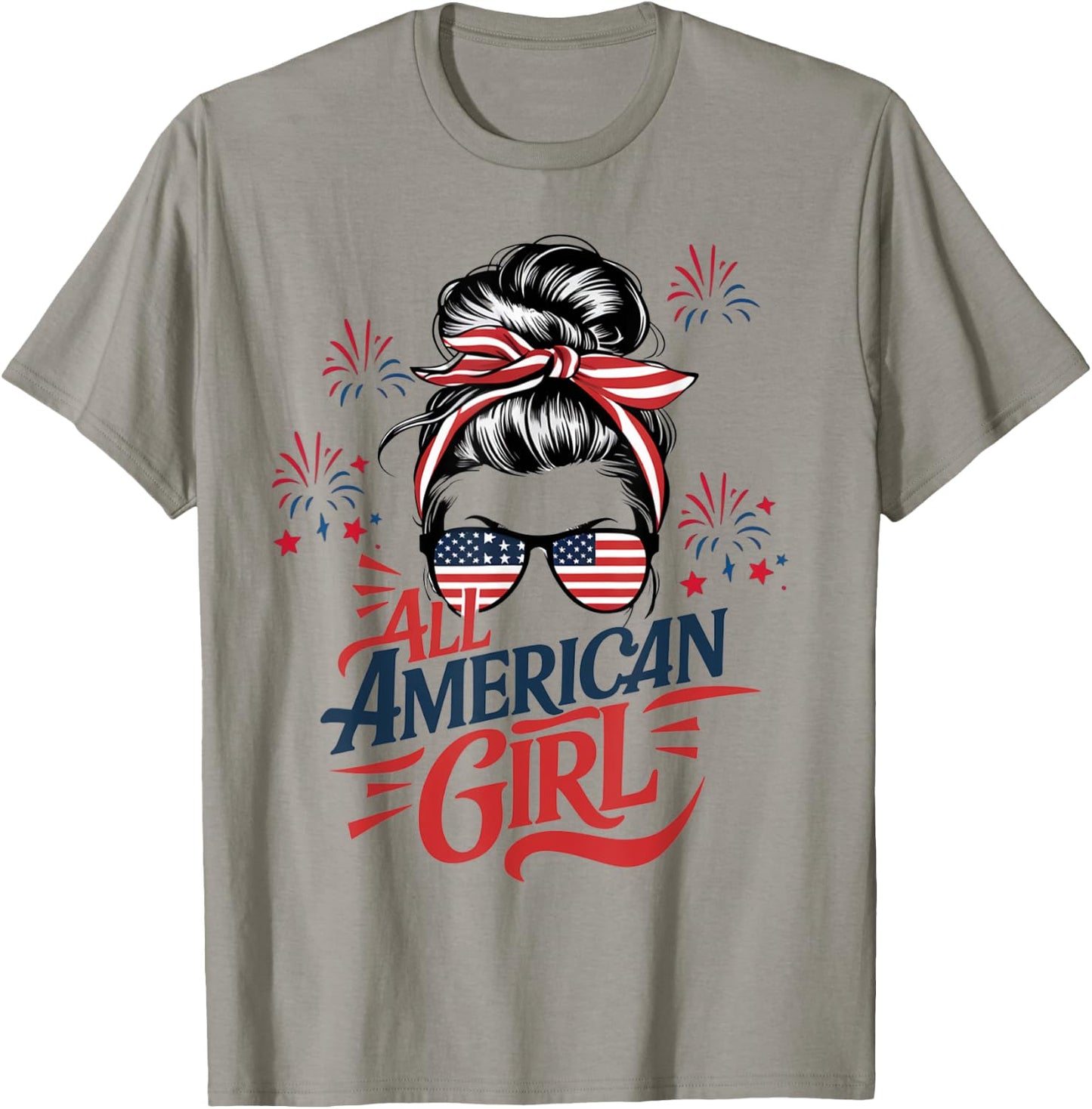 4th of July USA Flag Messy Bun Patriotic All American Girl T-Shirt - T-Shirt | Sand