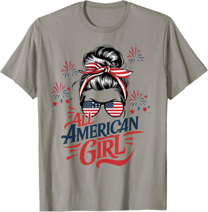 4th of July USA Flag Messy Bun Patriotic All American Girl T-Shirt - T-Shirt | Sand