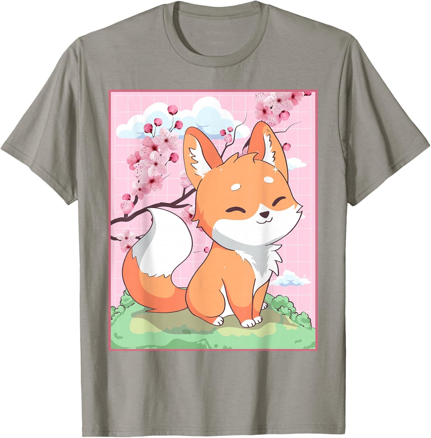 Kawaii Fox Japanese Kitsune Sakura Cherry Blossom T-Shirt - T-Shirt | Sand