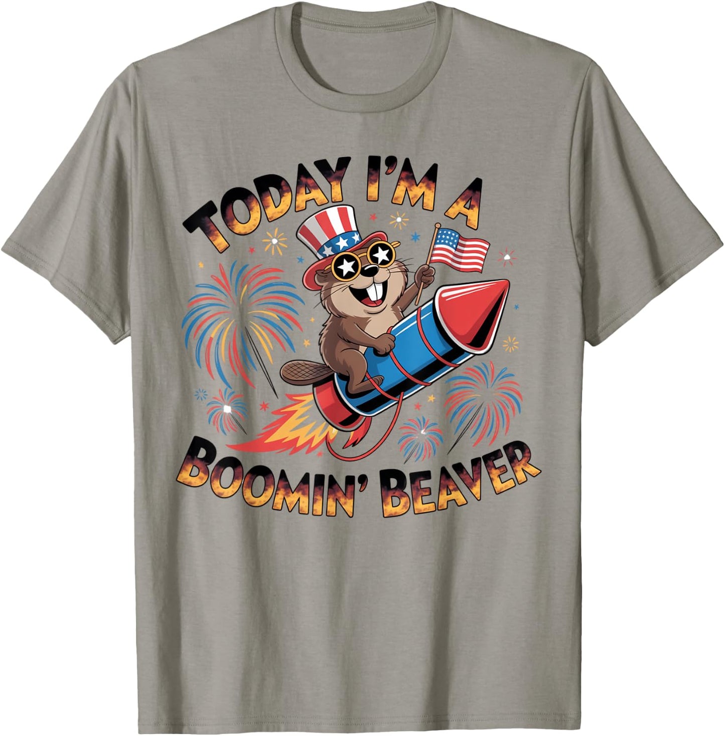 Funny 4th of July Boomin' Beaver Fireworks Patriotic USA T-Shirt - T-Shirt | Sand
