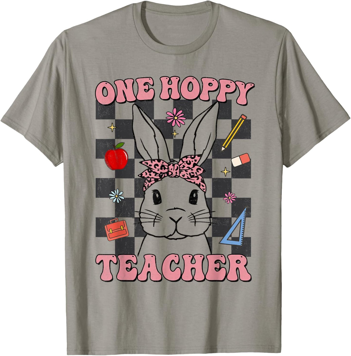 Retro Groovy One Hoppy Teacher Bunny Easter Day Teaching T-Shirt - T-Shirt | Sand