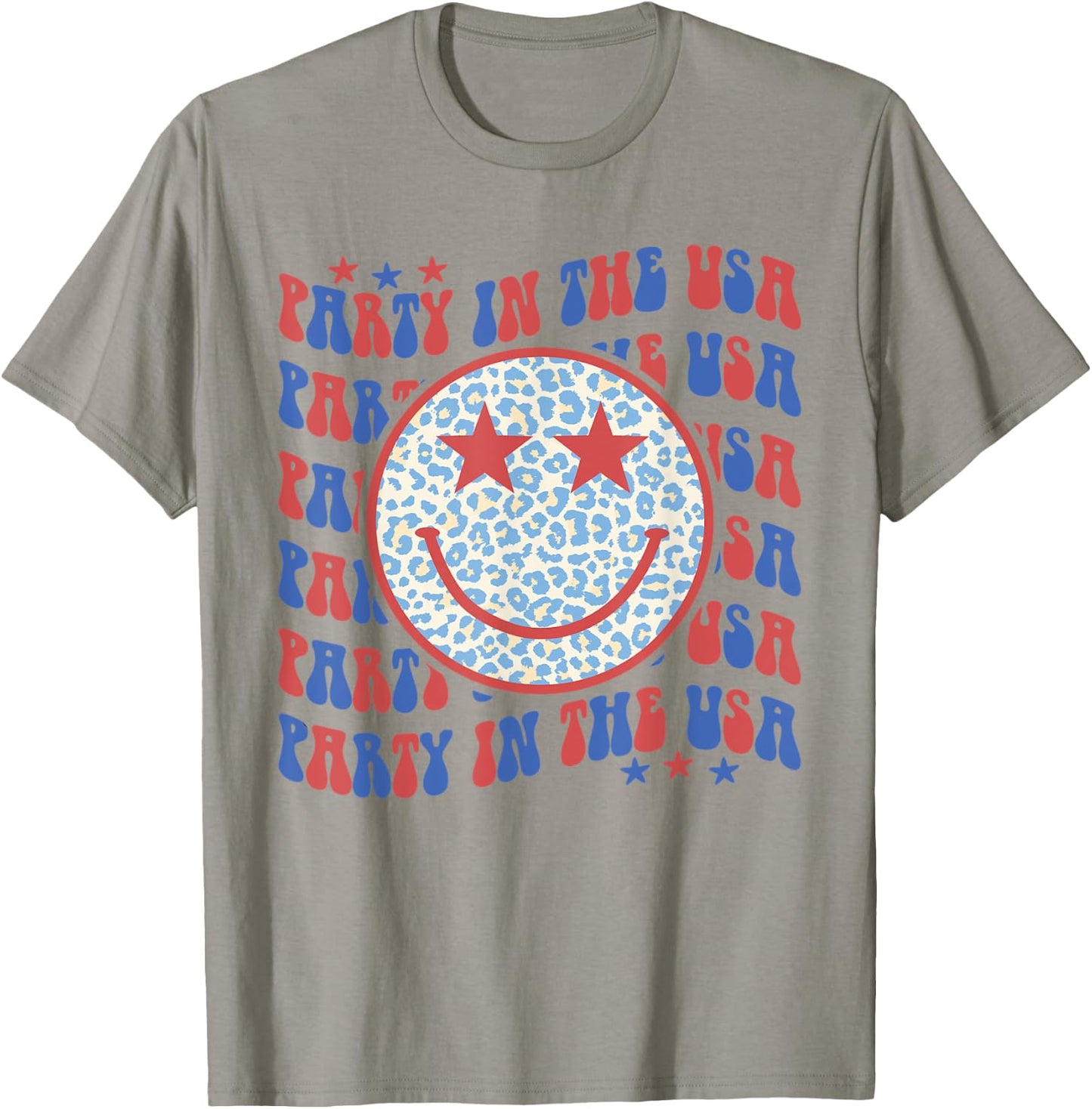 Party In The USA Happy Face Leopard Pattern 4th Of July T-Shirt - T-Shirt | Sand