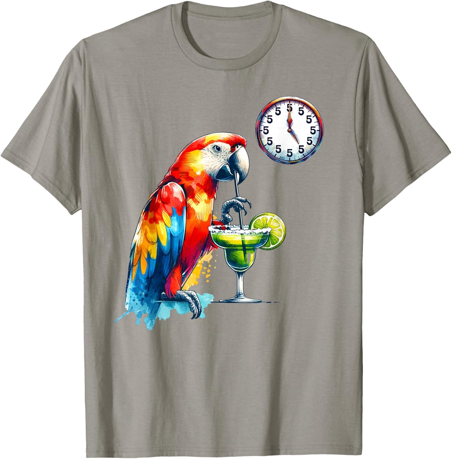 Always 5 O'clock Colorful Parrot Drinking Margarita T-Shirt - T-Shirt | Sand
