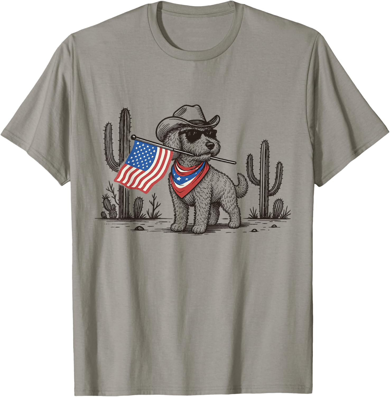 Patriotic Goldendoodle Western Cowboy American Flag T-Shirt - T-Shirt | Sand