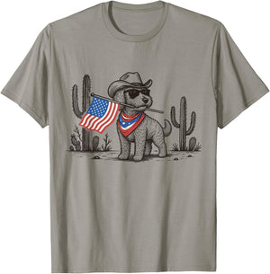 Patriotic Goldendoodle Western Cowboy American Flag T-Shirt - T-Shirt | Sand