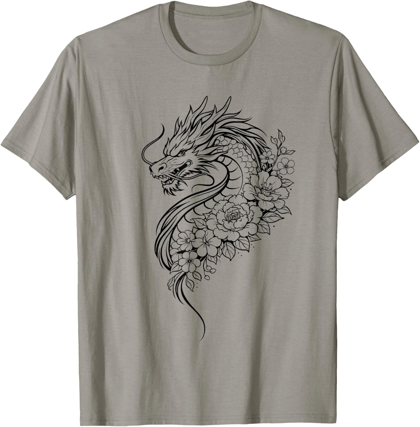 Dragon Flowers Line Art Minimalist Splash T-Shirt - T-Shirt | Sand