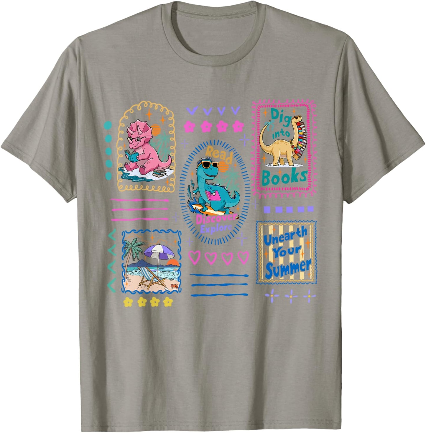 Dinosaur Reading Club Summer Book Lover Library Teacher Kids T-Shirt - T-Shirt | Sand