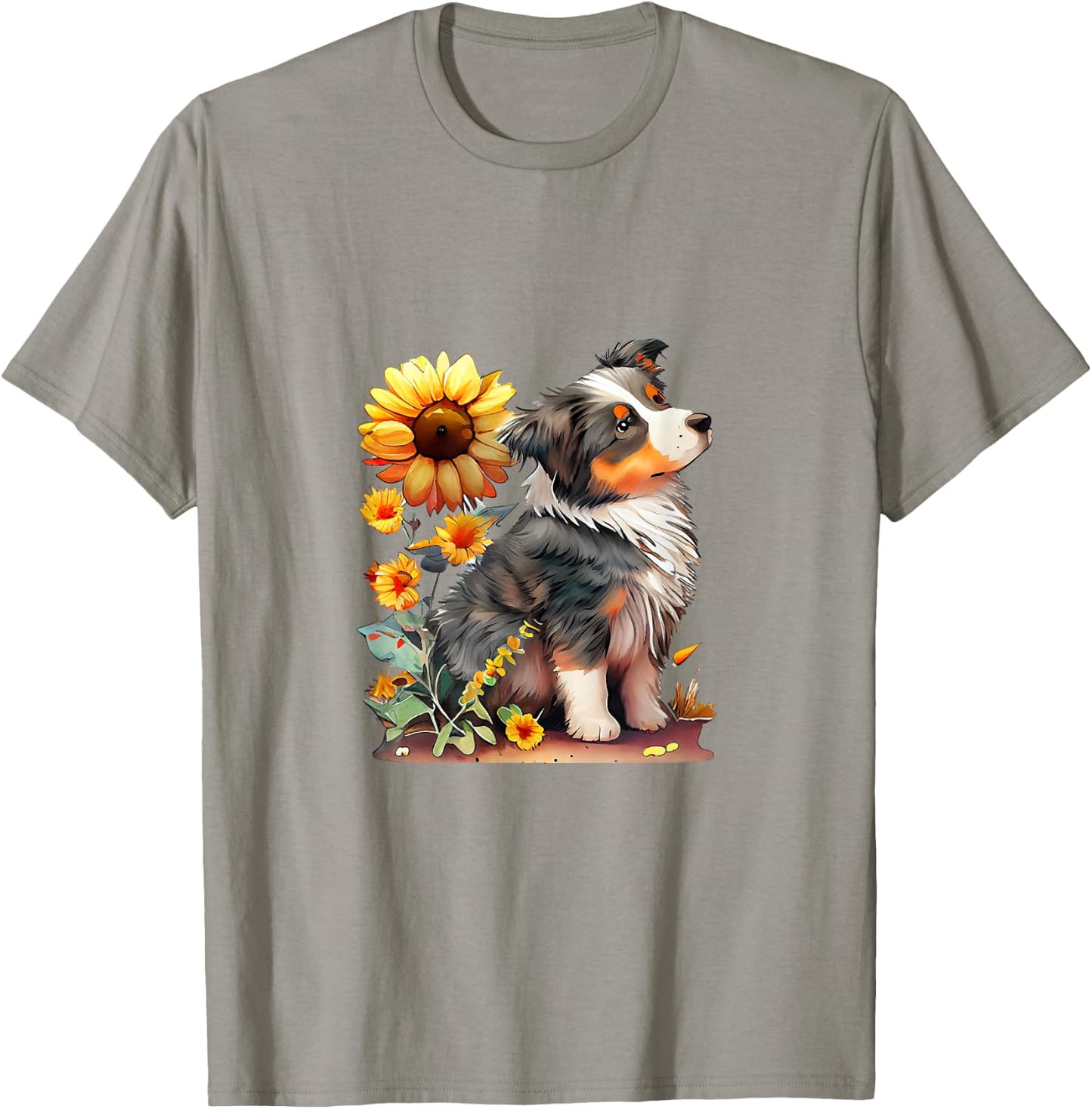 Vintage Sunflower Australian Shepherd Lover Flower Graphic T-Shirt - T-Shirt | Sand