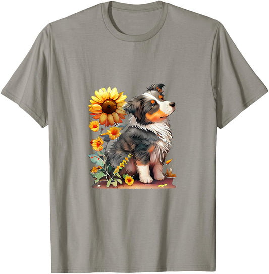 Vintage Sunflower Australian Shepherd Lover Flower Graphic T-Shirt - T-Shirt | Sand