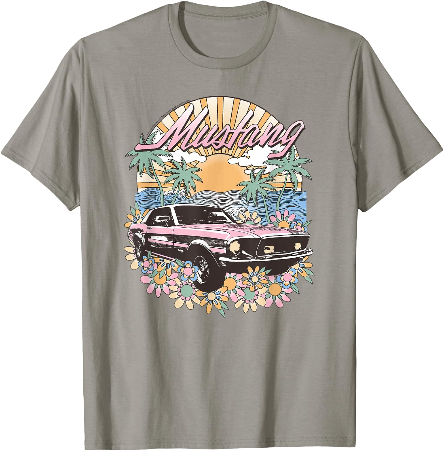 Ford – Vintage Pink Mustang Floral Beach Sunset Palm Trees , white, S T-Shirt - T-Shirt | Sand