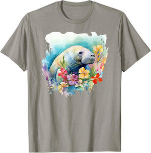 Manatee Floral Watercolor Painting T-Shirt - T-Shirt | Sand