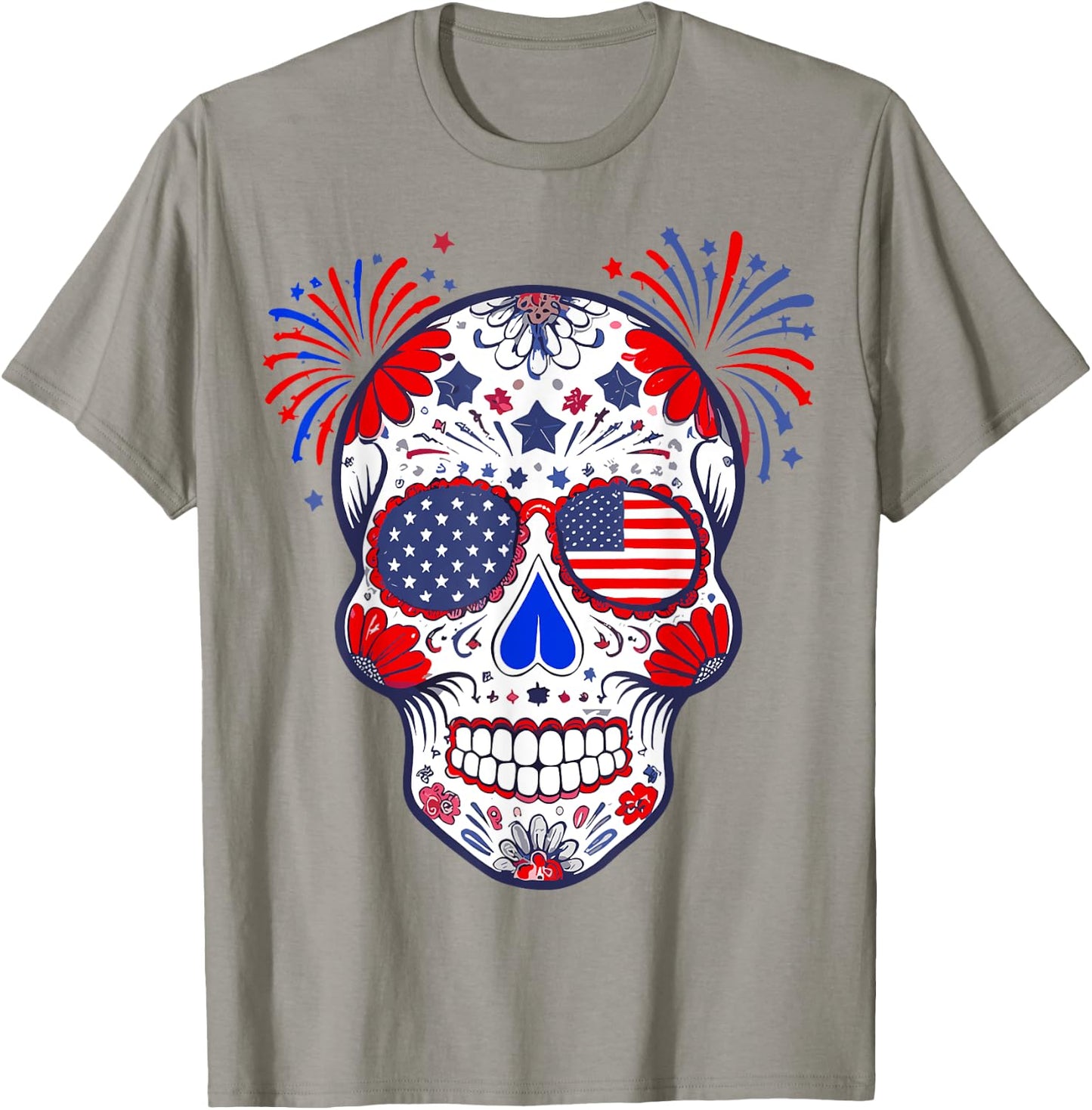 Sugar Skull Sunglasses USA Flag 4th of July Men Women T-Shirt - T-Shirt | Sand