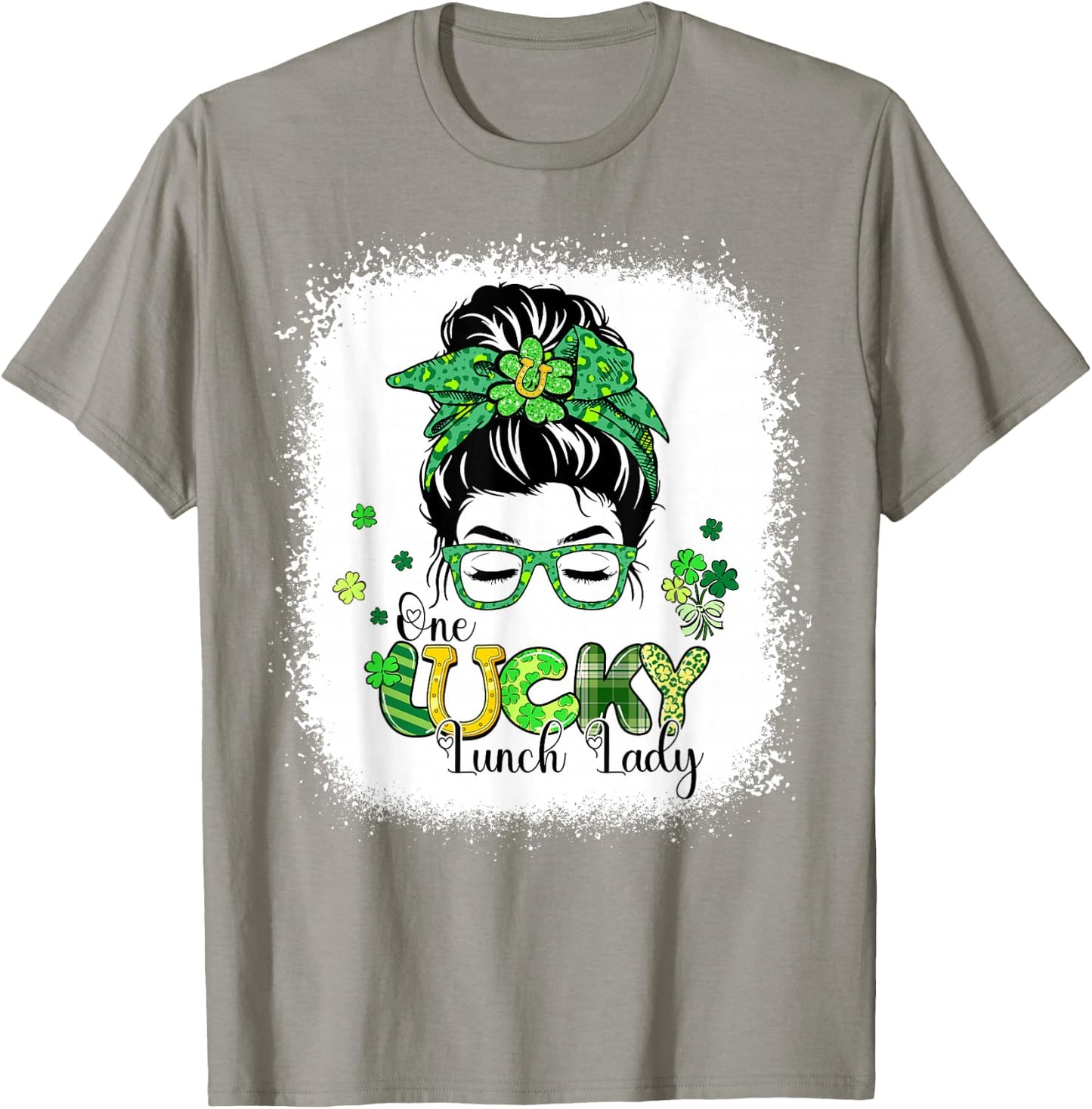 Bleached One Lucky Lunch Lady Messy Bun St Patricks Day T-Shirt - T-Shirt | Sand