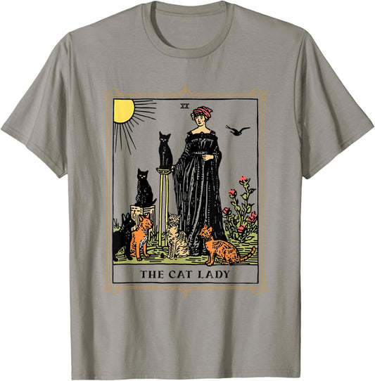 The Cat Lady Tarot Card, Vintage Gothic Cat Women Cat Mom T-Shirt - T-Shirt | Sand