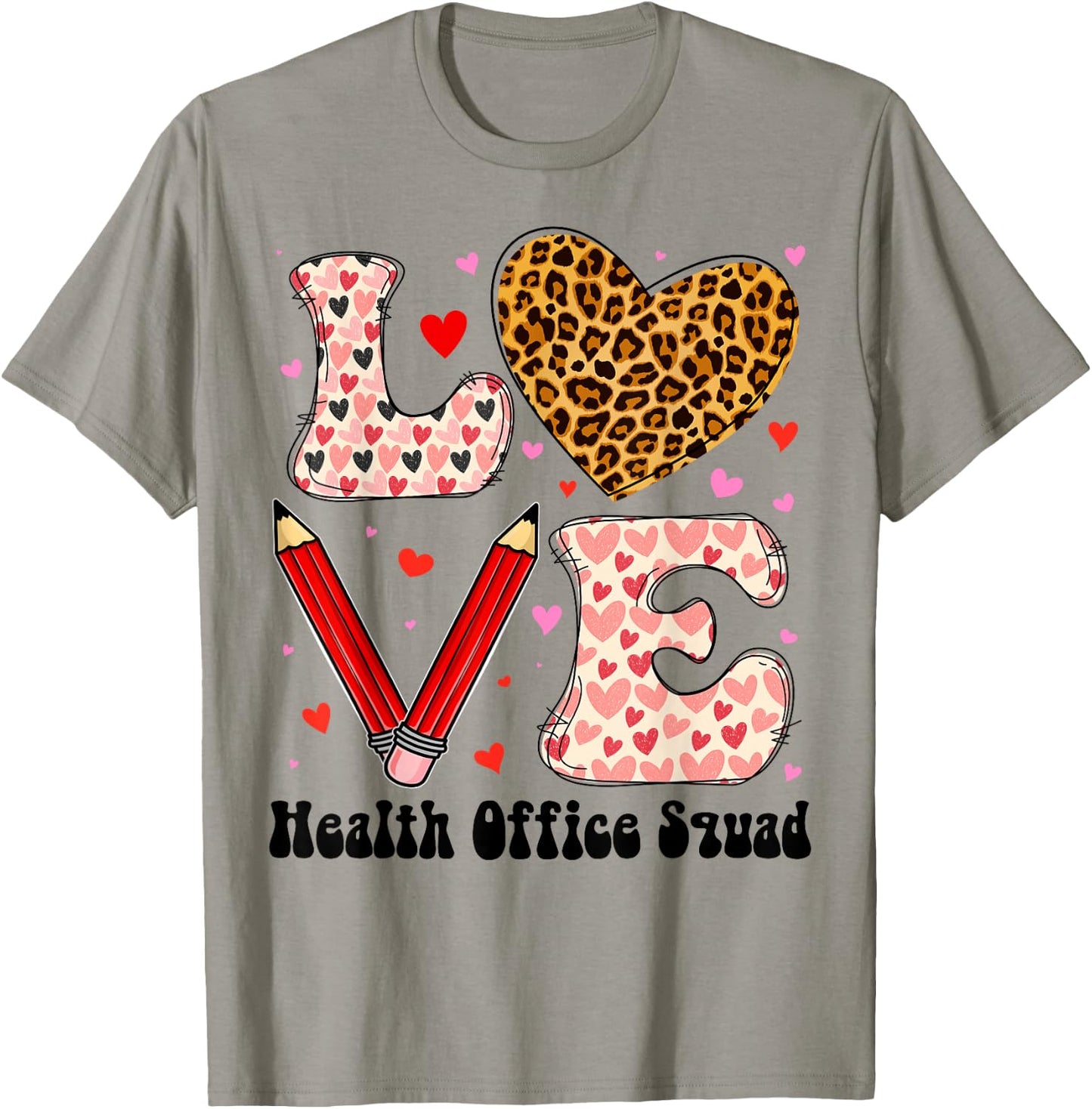Health Office Squad Love Heart Leopard Plaid Valentines Day T-Shirt - T-Shirt | Sand