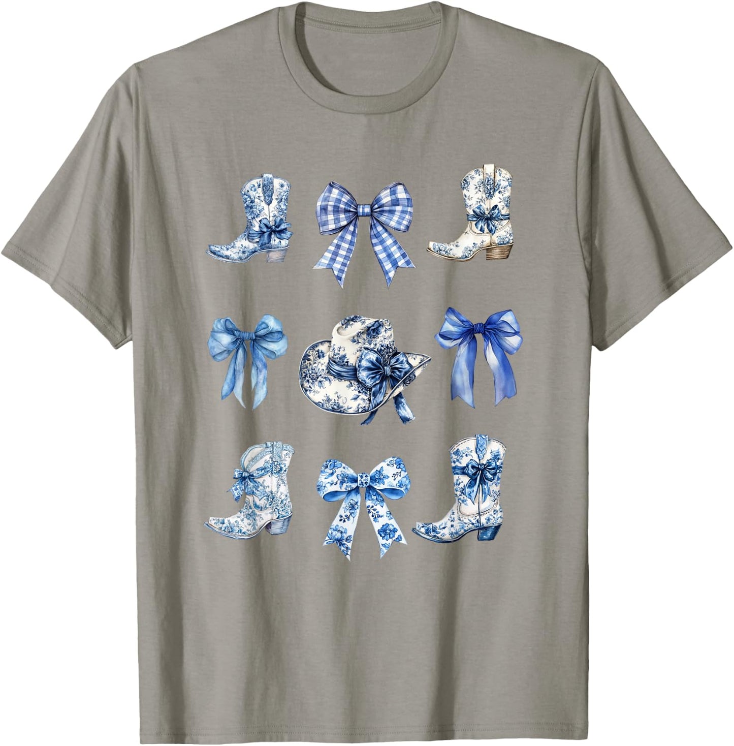 Toile Bow Shirt Blue Coquette Bow Cowboy Cowboy Hat Boots T-Shirt - T-Shirt | Sand