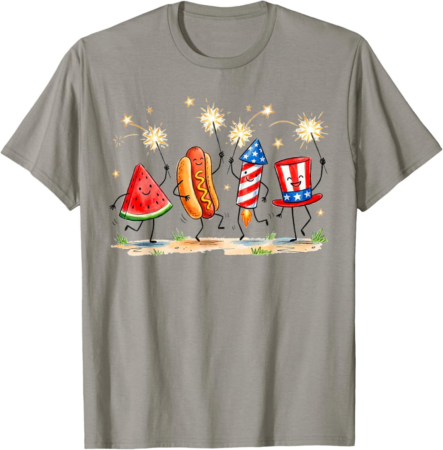 Patriotic Watermelon Hotdog Firework Cute Meme 4th of July T-Shirt - T-Shirt | Sand