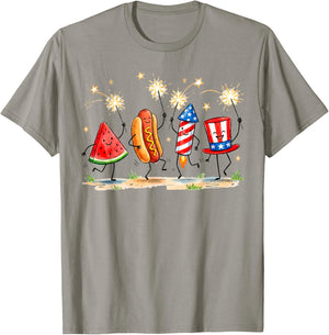 Patriotic Watermelon Hotdog Firework Cute Meme 4th of July T-Shirt - T-Shirt | Sand