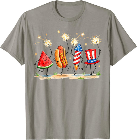 Patriotic Watermelon Hotdog Firework Cute Meme 4th of July T-Shirt - T-Shirt | Sand