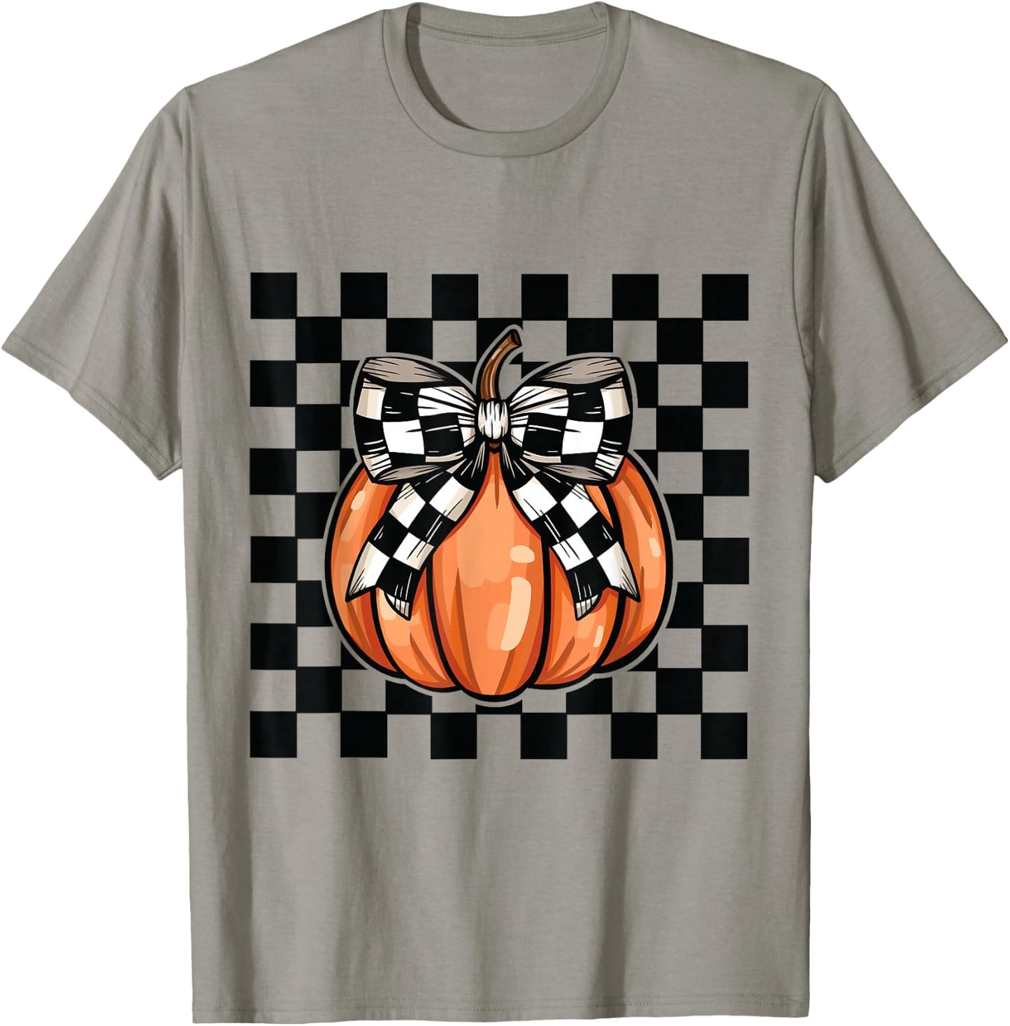 Checkered Halloween pumpkin cute coquette bow aesthetic girl T-Shirt - T-Shirt | Sand