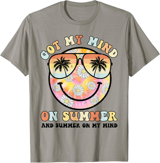 Groovy Happy Face Summer Vibes Got My Mind On Summer Teacher T-Shirt - T-Shirt | Sand
