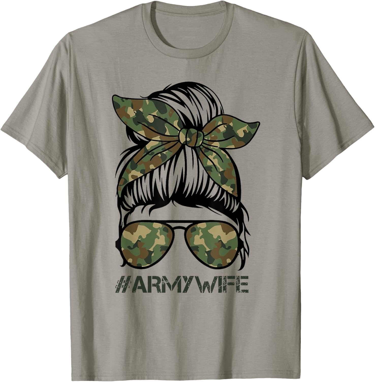 Army Wife Messy Bun Veteran Camouflage Bandana Sunglasses T-Shirt - T-Shirt | Sand