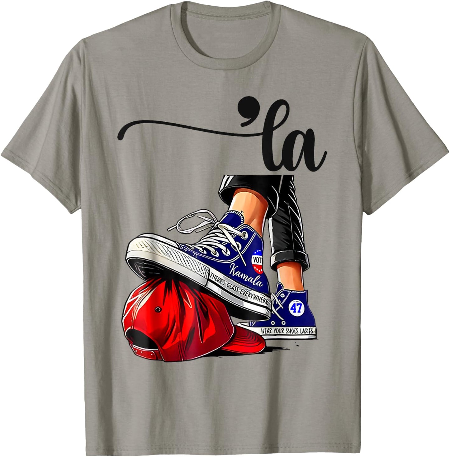 Kamala Harris High Heels Stepping On Red MAGA Hat T-Shirt - T-Shirt | Sand