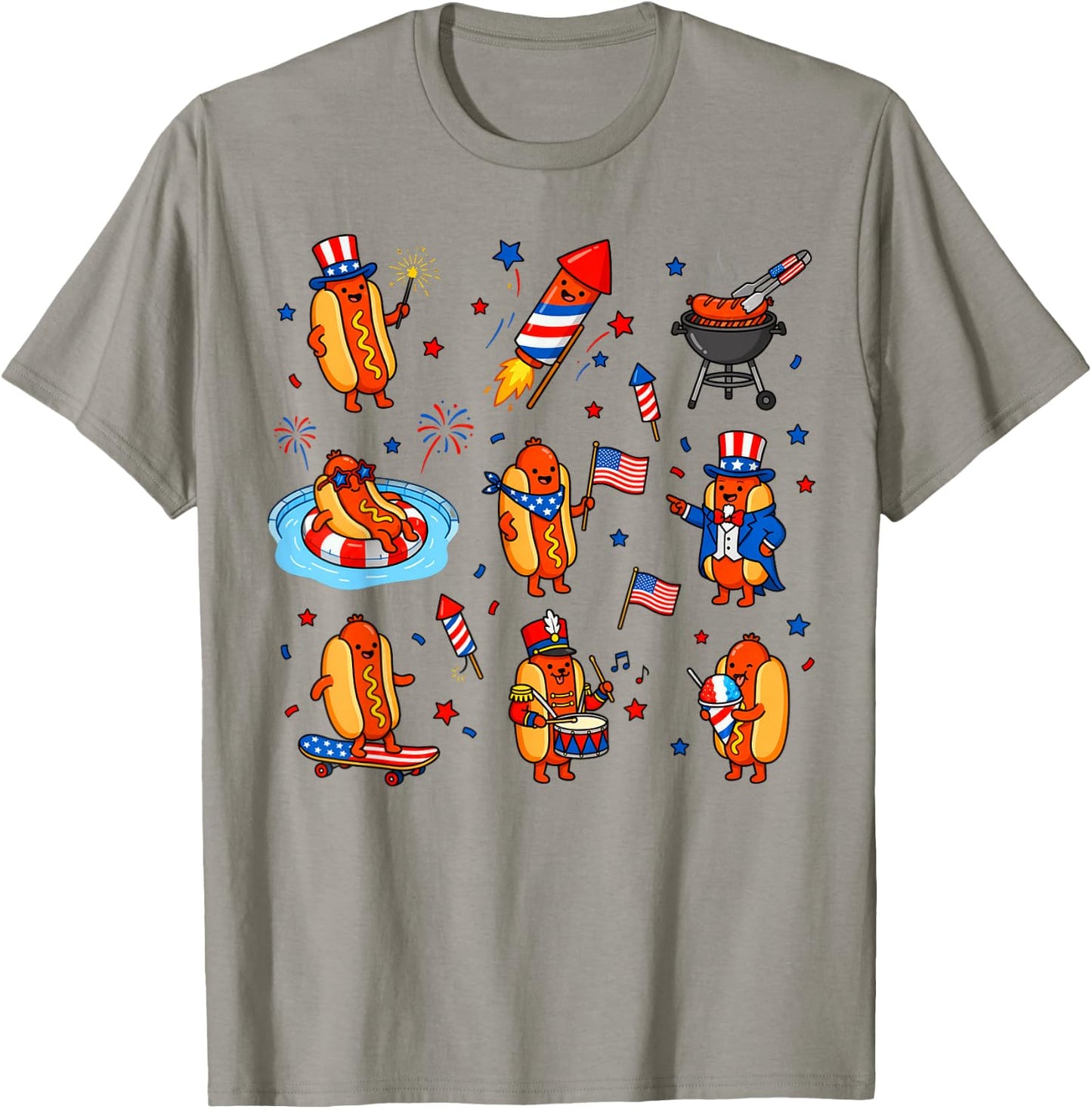 Hot Dog, American Flag Fireworks 4th of July T-Shirt - T-Shirt | Sand