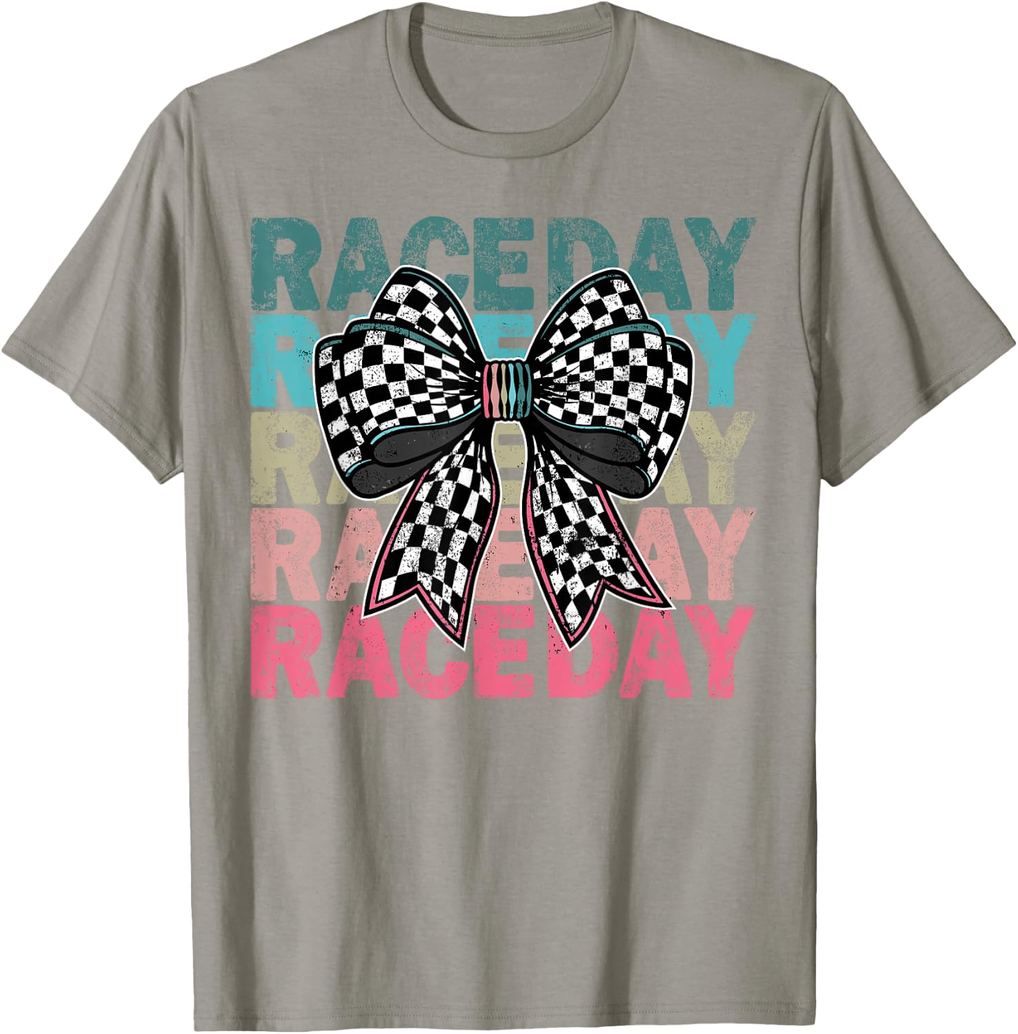Retro Race Day Distressed Checkered Coquette Bow Racing Car T-Shirt - T-Shirt | Sand