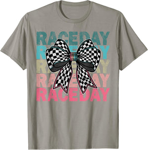 Retro Race Day Distressed Checkered Coquette Bow Racing Car T-Shirt - T-Shirt | Sand
