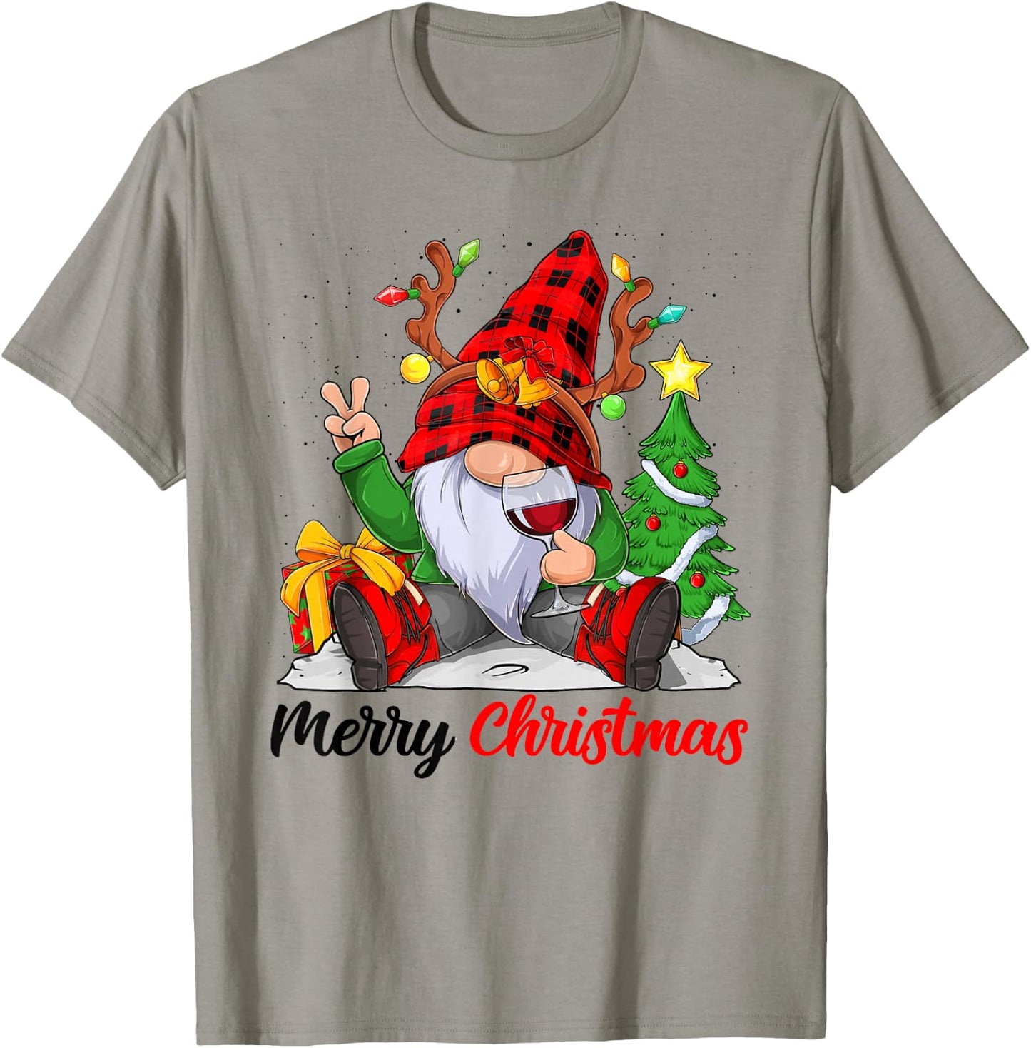 Funny Merry Christmas Wine Lover Men Women Gnome Lovers T-Shirt - T-Shirt | Sand