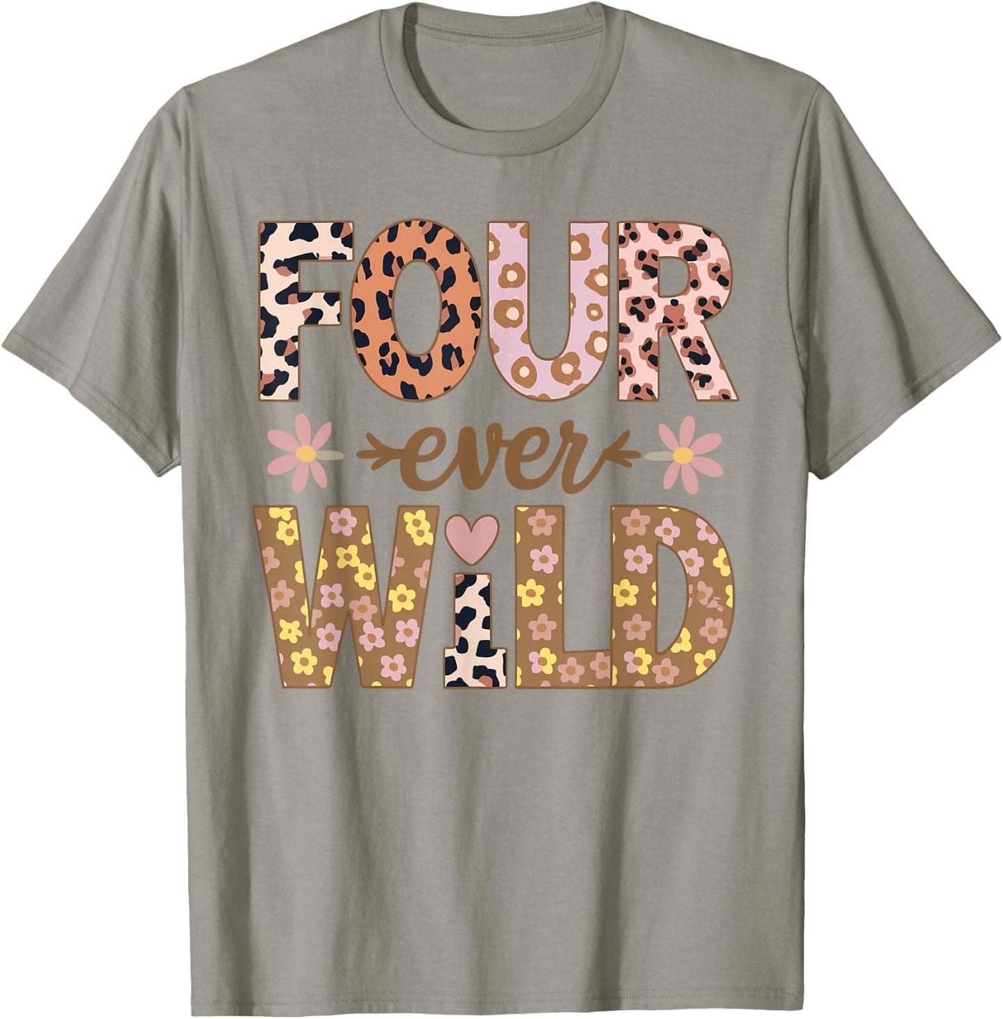 Four Ever Wild Birthday Leopard Floral Girl T-Shirt - T-Shirt | Sand