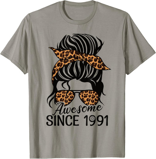 Awesome since 1991 Woman And Girl Leopard Retro Born 1991 T-Shirt - T-Shirt | Sand